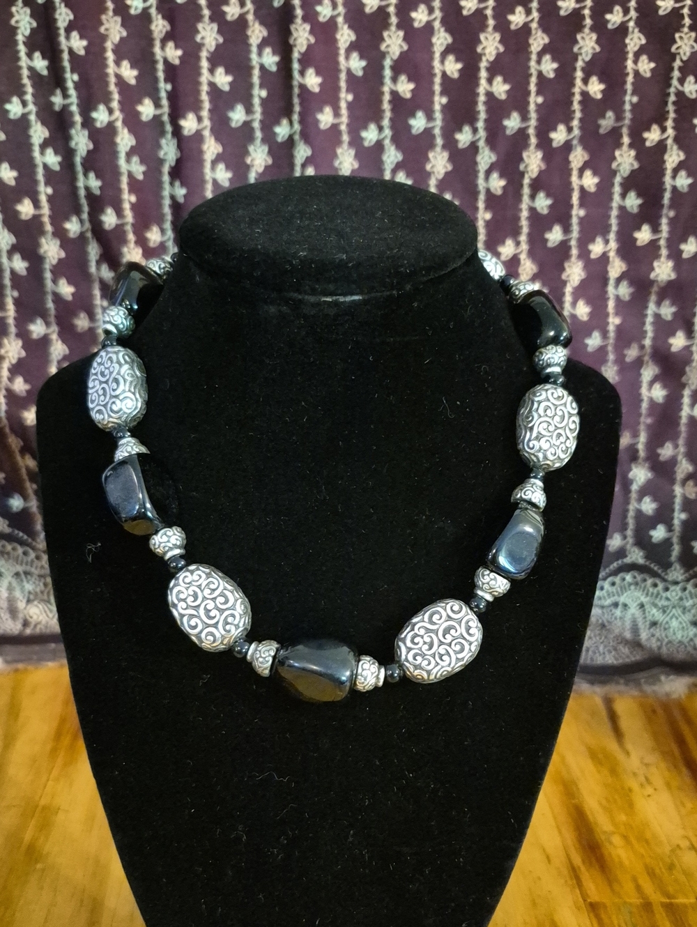 Black and Silver Beaded Statement Necklace
